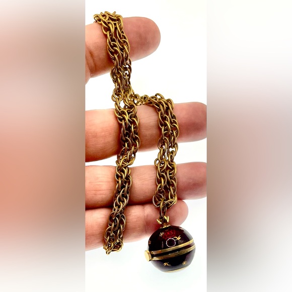 Vintage 1960s Signed Jean Perret Gold Tone Red Enamel Orb Necklace Watch Working - Picture 7 of 14